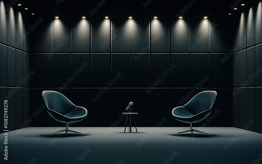 Poster a modern interview setting with two stylish chairs and a microphone in a dimly lit studio environmen