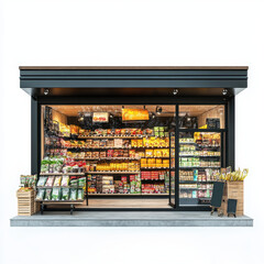 Grocery store front with a wide variety of products, white isolate background.