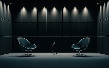 A modern interview setting with two stylish chairs and a microphone in a dimly lit studio environment
