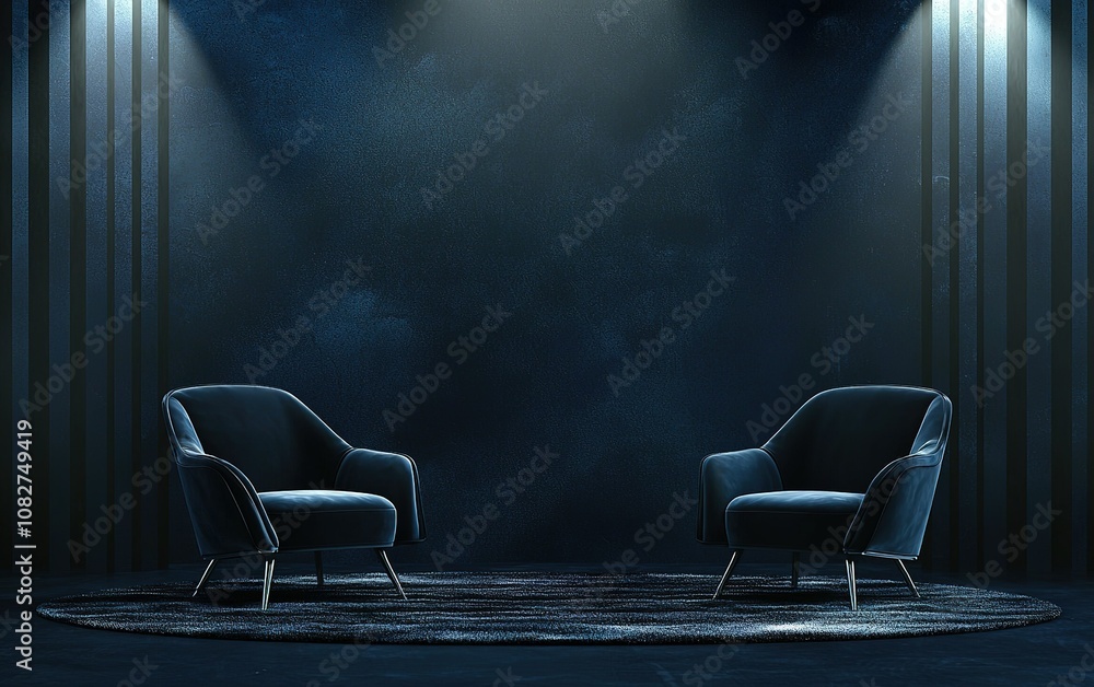 Poster modern minimalist lounge setup with two stylish armchairs under soft lighting in a dark studio envir