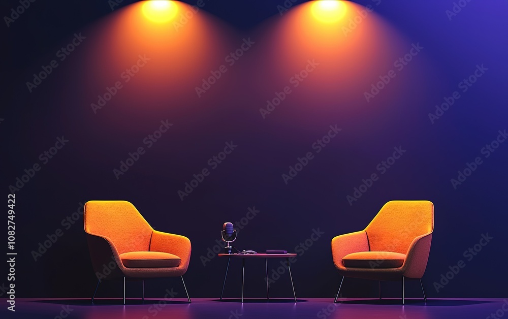 Poster cozy interview setup with orange chairs and microphone illuminated in a modern studio space during e