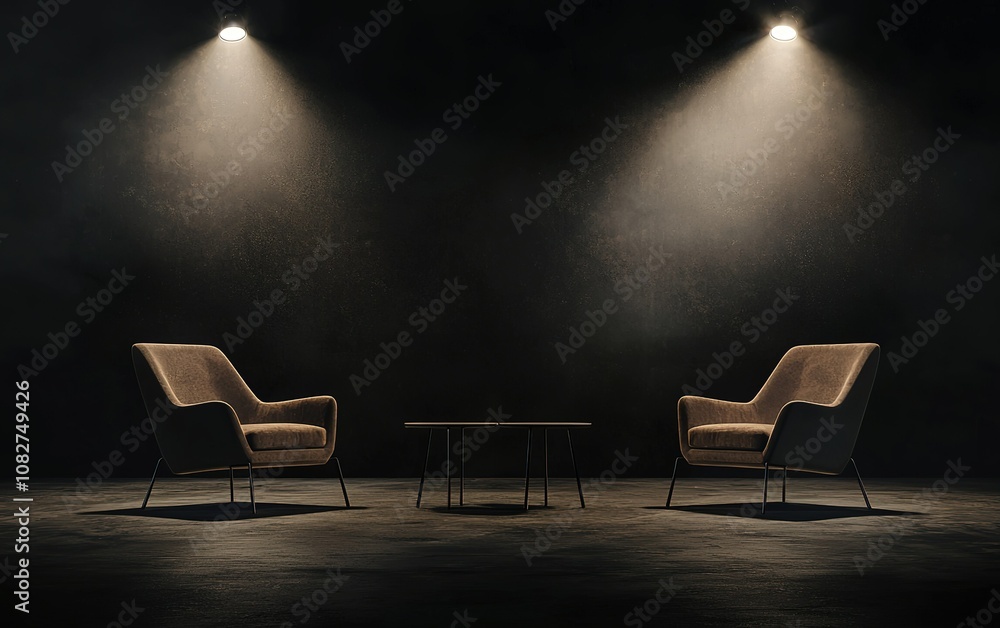 Poster two elegant chairs illuminated by soft lighting in a minimalist setting designed for intimate conver