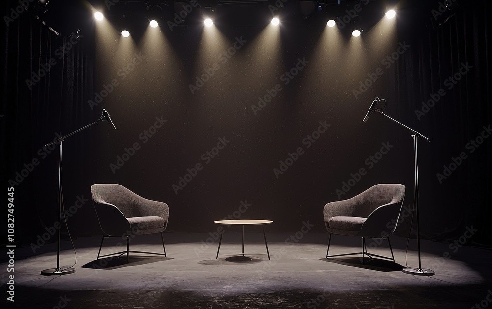 Poster an empty stage set with two microphones and stylish chairs, ready for an engaging interview or perfo