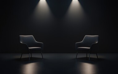 Two modern chairs illuminated in a dimly lit room, creating an inviting atmosphere for conversation or reflection