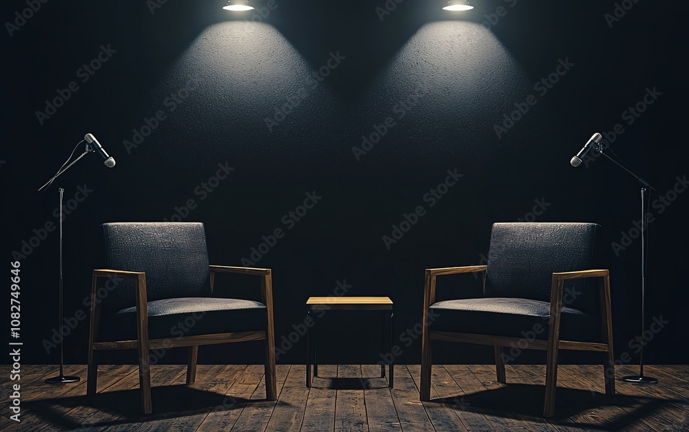 Aufkleber two modern chairs with microphones in a dimly lit space, inviting conversation or interview styling 