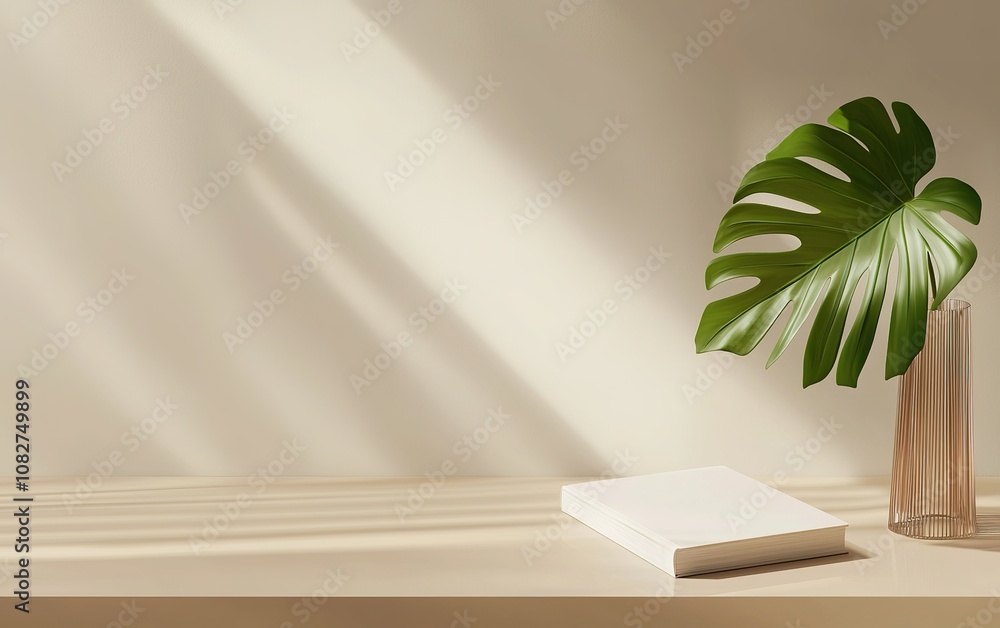 Poster a minimalist arrangement of a monstera leaf in a vase beside a blank notebook on a light-colored sur