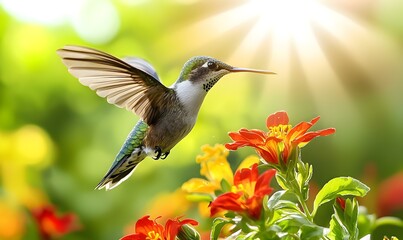 Fototapeta premium Hummingbird in Flight Amidst Colorful Blossoms, A delicate bird hovers gracefully, surrounded by a burst of vivid floral hues.