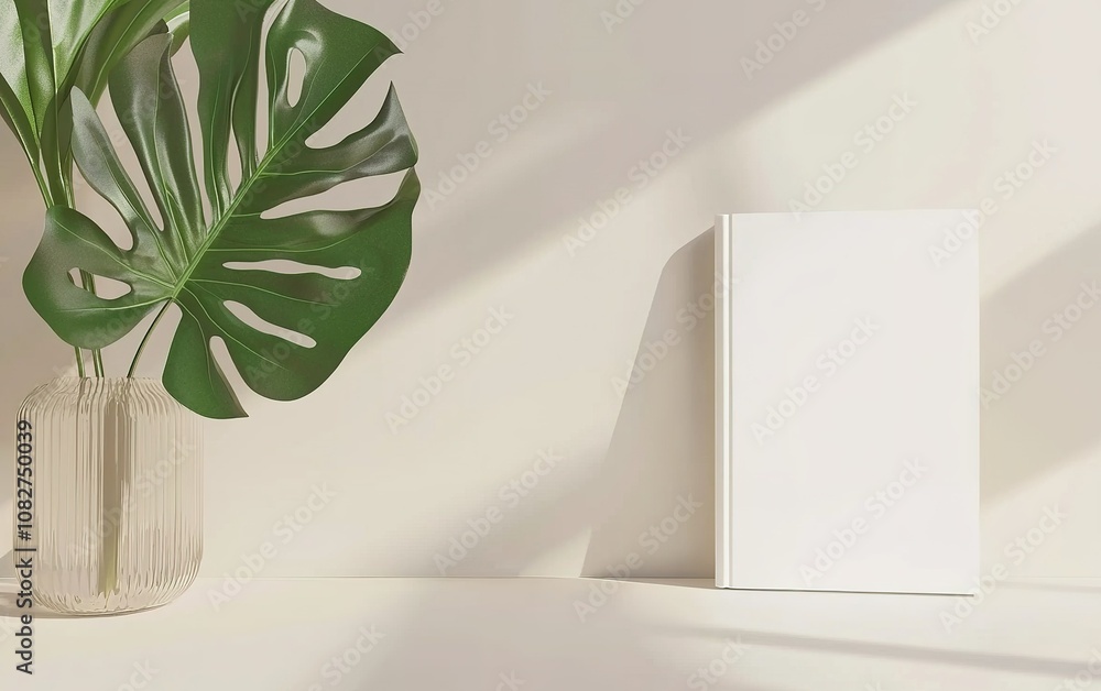 Poster a blank notebook and a leafy plant decorate a sunlit workspace with soft shadows in a minimalist set
