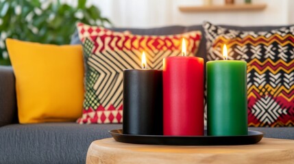 Cozy living room with a Kinara featuring red, black, and green candles surrounded by African-inspired decor