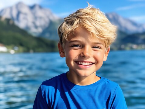 A young boy in a blue shirt smiles at the camera