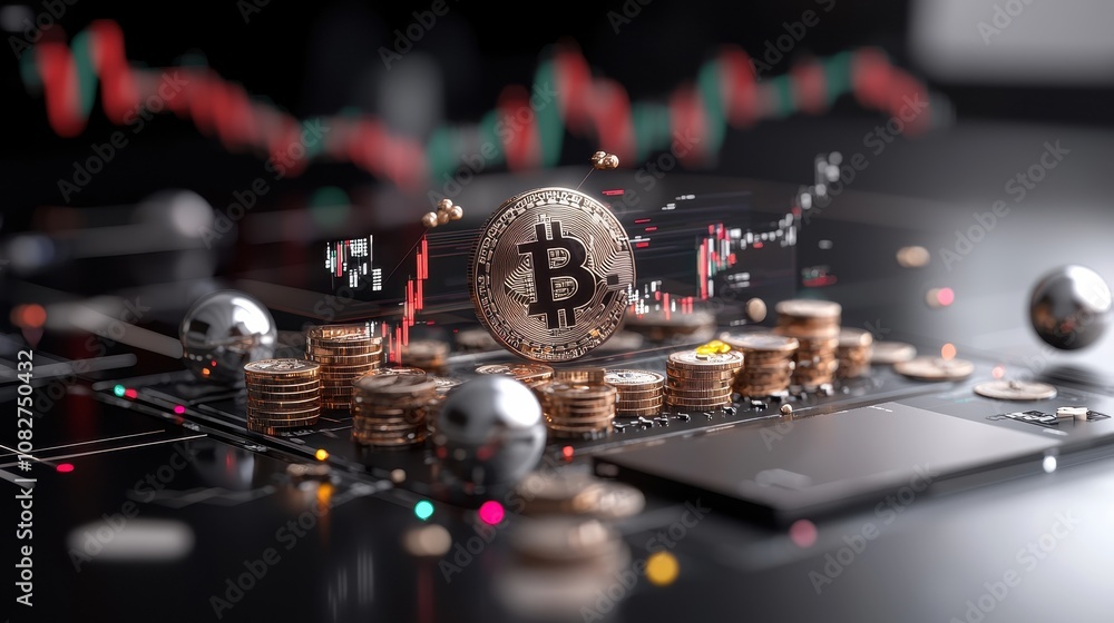 Aufkleber digital cryptocurrency concept with bitcoin on a high-tech background featuring coins, trading graph