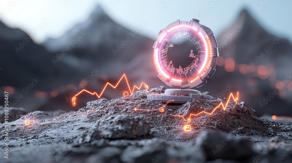 Poster futuristic portal with glowing elements and abstract data visualization on rocky terrain surrounded 