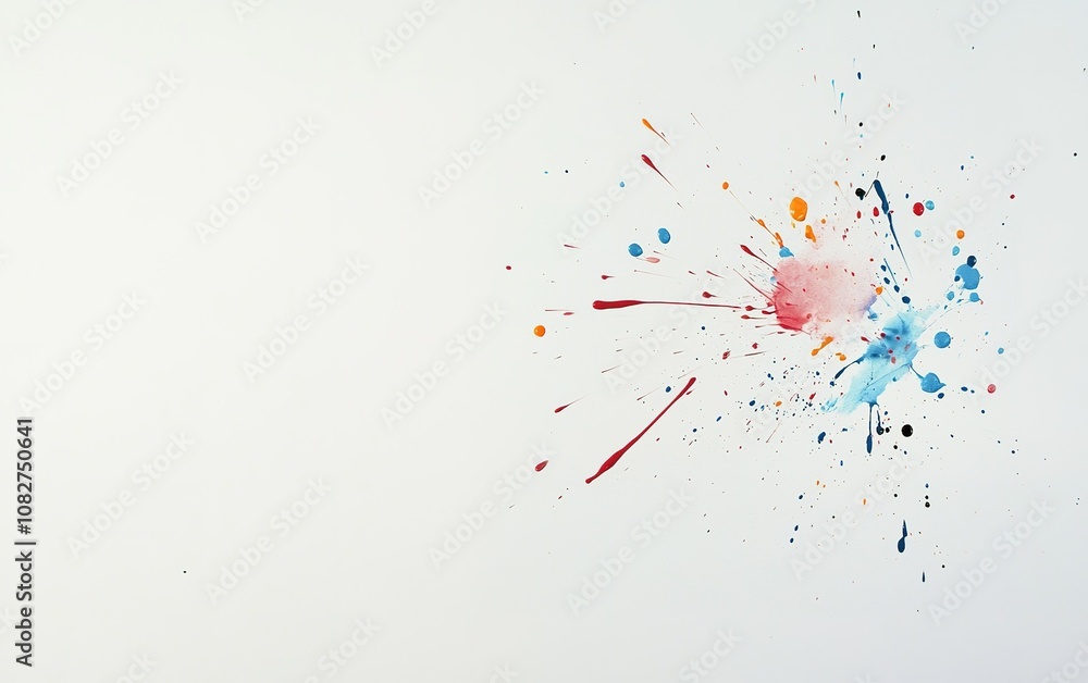 Poster bright abstract paint splashes in various colors against a white background creating a vibrant and d
