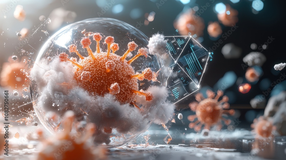 Poster intricate 3d rendering of a coronavirus particle encased in a transparent sphere surrounded by float
