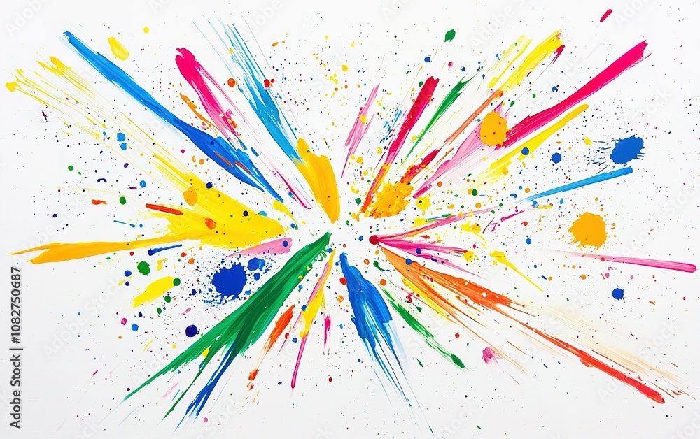 Poster vibrant explosion of colors on a white canvas showcasing splashes and streaks of paint in various sh