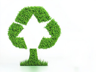 Recycling symbol made from lush green grass on a white isolated background.