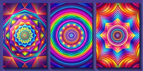 Psychedelic Abstract Backgrounds Templates with Colorful Gradients for Posters, Covers, and s Geometric Shapes, Eyes, Lightnings, Hexagon, Concentric Circles, Mirror Mosaic