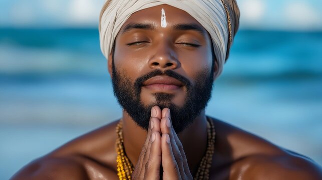 A man in a turban with his eyes closed and hands clasped together