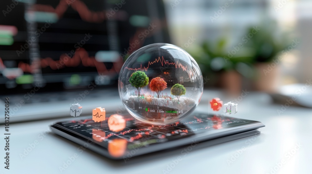Poster futuristic data analysis concept with a crystal sphere showcasing trees and financial charts surroun