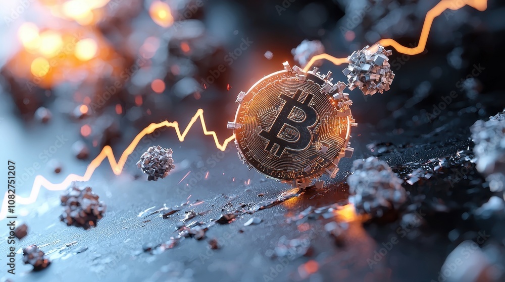 Poster 3d render of bitcoin coin surrounded by particle effects and upward trending graph illustrating cryp