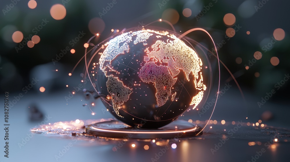 Poster glowing 3d visualization of earth with vibrant connections and networks highlighting continents, rep