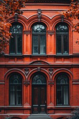 Fototapeta premium Vintage red-brick building facade with large arch windows in an urban setting surrounded by trees in autumn season