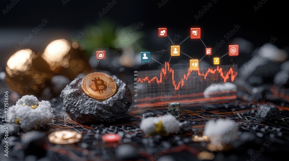 Poster digital representation of cryptocurrency trends with graph and gold coins on a dark background, emph
