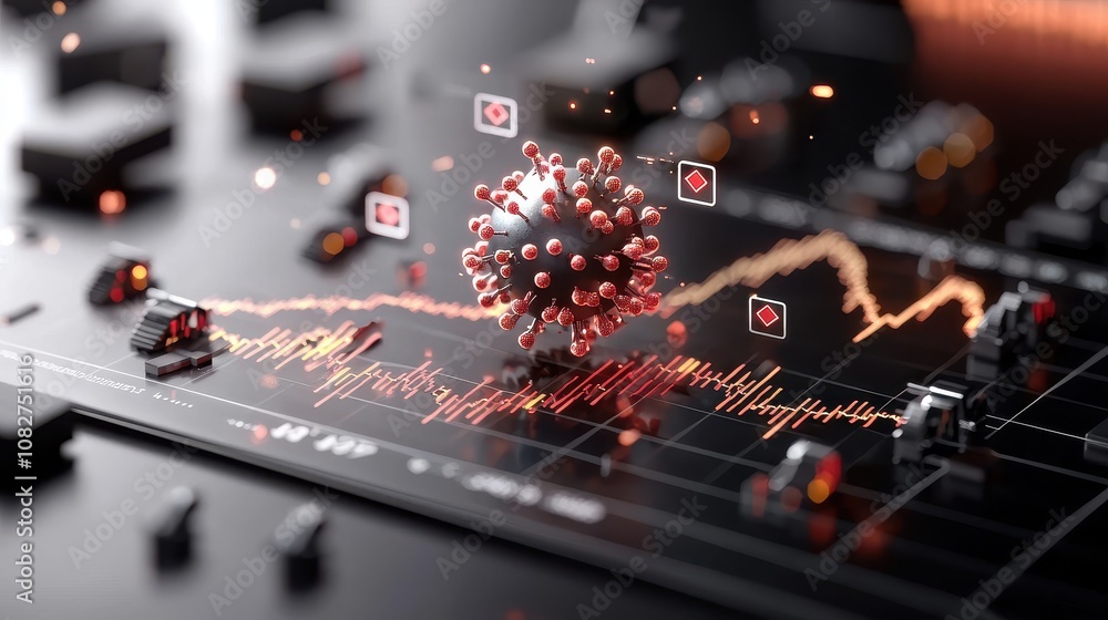 Aufkleber abstract representation of a virus with data visualization elements on a digital background, showcas