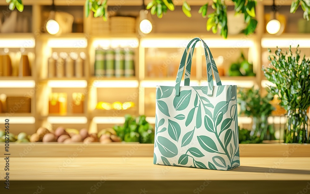 Poster a stylish reusable bag with leaf patterns sits on a wooden table in a vibrant store filled with fres
