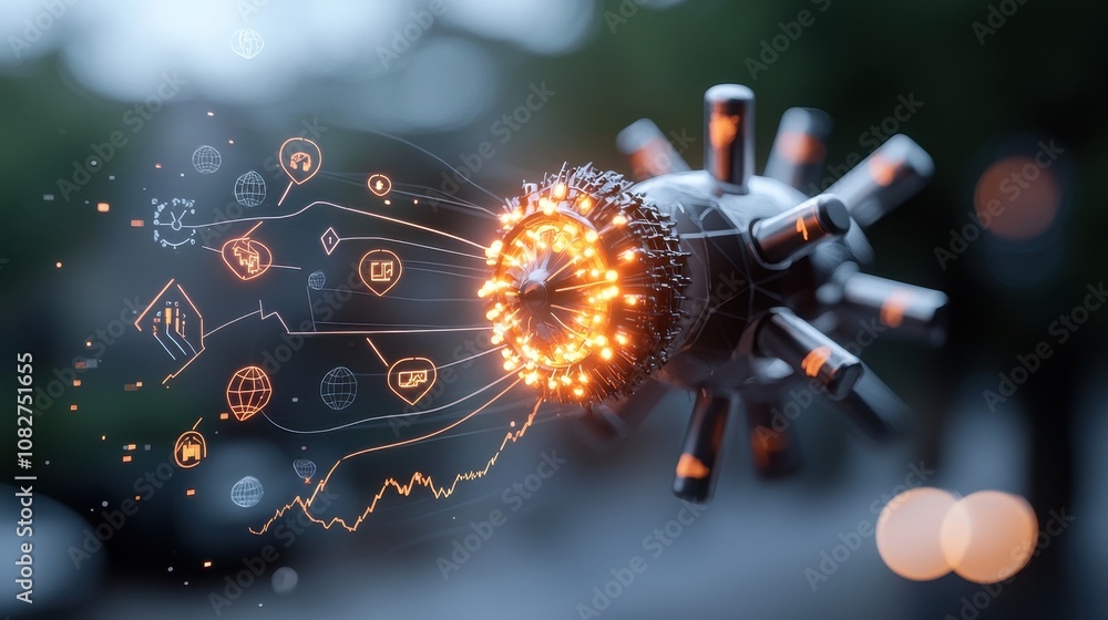 Poster futuristic concept of digital transformation with abstract sphere and animated data symbols represen