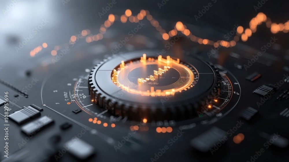 Poster abstract display of sound waves and audio controls with vibrant orange lights against a dark backgro