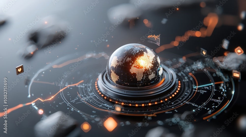 Poster futuristic digital globe surrounded by data elements and technology symbols, representing global con