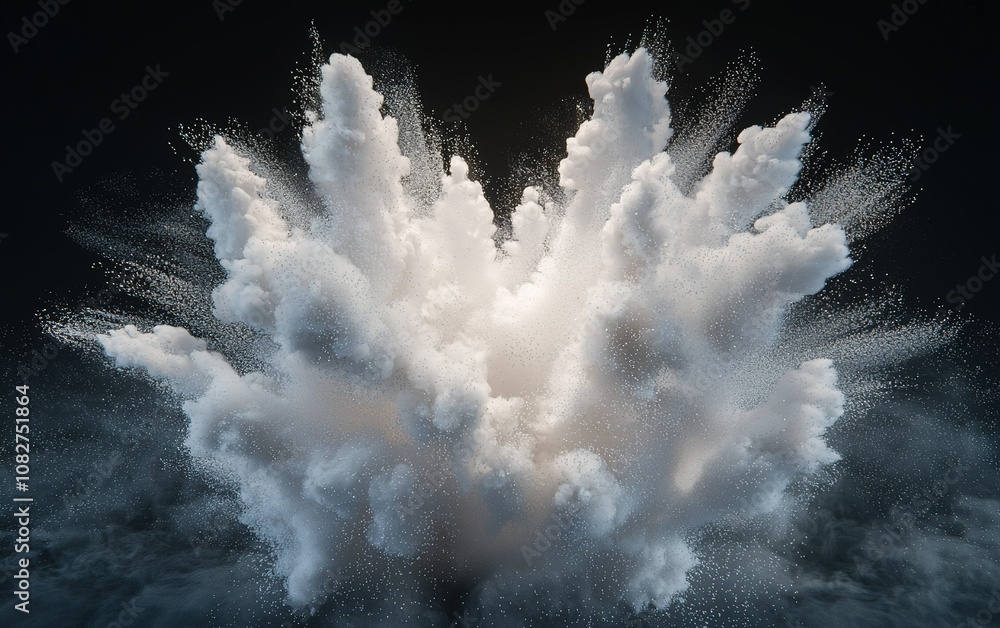 Poster a dramatic explosion of white powder creating a cloud-like formation against a dark background in a 
