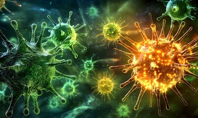 Obraz premium Abstract representation of prebiotics, vibrant colors, organic shapes, evoking health and wellness, engaging visual metaphor for nutrition.