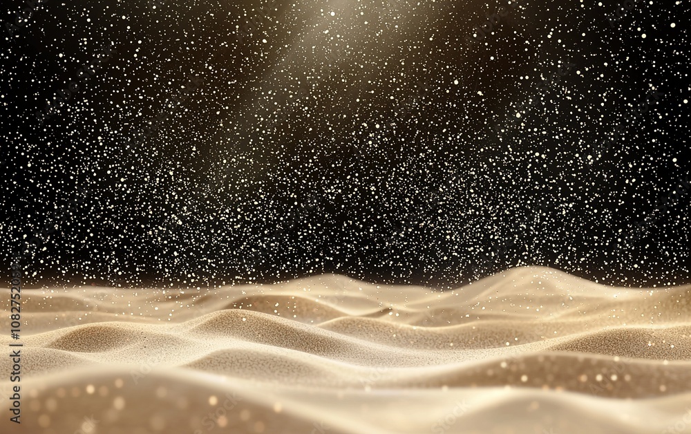 Poster a mesmerizing view of golden sands and sparkling particles illuminated by soft light in a serene, de