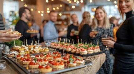 Cozy Cocktail Lounge Scene Featuring Stylishly Dressed Guests Enjoying Delicious Appetizers and Drinks in an Elegant Setting with Ambient Lighting
