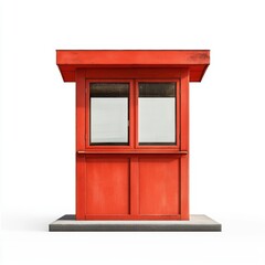 Vibrant red kiosk with windows on white isolated background.