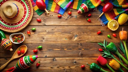 Mexican Fiesta Background on Empty Wooden Table with Festive Decorations