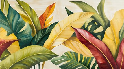 Vibrant tropical leaves showcasing a variety of colors in a lush arrangement on a neutral background