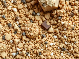 Close-up shot of various grain textures including wood, sand, and rice grains, textures, natural, detail