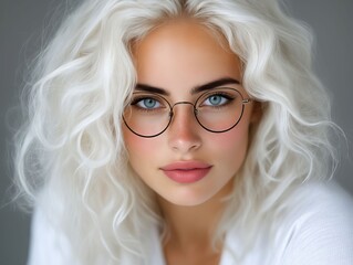 A woman with white hair and glasses looking at the camera