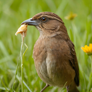 Closeup portrait of a little brown bird perched on a fresh meadow with food in ts beak