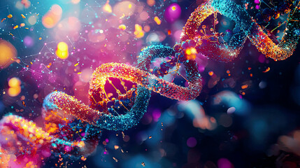 Artistic visualization of gene editing processes depicted through vibrant data overlays and molecular graphics