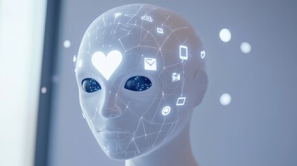 3D rendering of a robot face displaying AI text and icons, illustrating advanced technology concepts in a modern setting