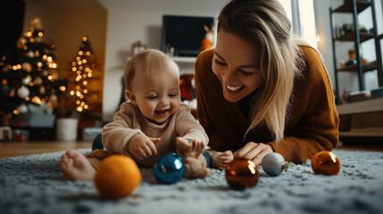Fototapeta premium Smiling mother and baby playing with colorful Christmas ornaments indoors during holiday season