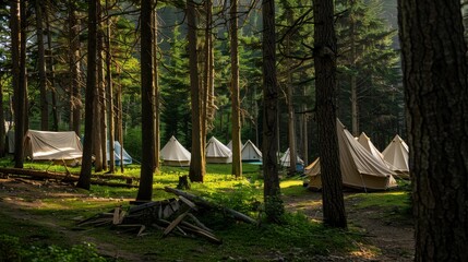An idyllic camping site surrounded by nature's tranquility, Tents nestled amidst tall trees, Natural outdoor style