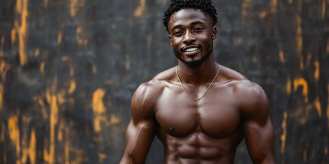 Portrait of a smiling shirtless muscular black man showing his abs and pecs against a grunge wall