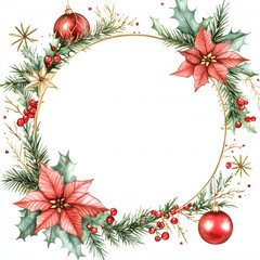 Watercolor Christmas frame with balls and flowers on white background