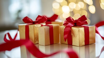 A captivating image of three golden gift boxes with delicate red ribbons, elegantly positioned on a white surface, reflecting light and adding a festive touch.