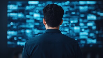 Businessman watching flowing data on big screen in futuristic office setting